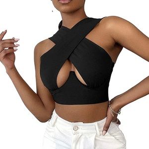 Trendy Black Crisscross Halter Crop Top with Hollow Cut Out Keyhole